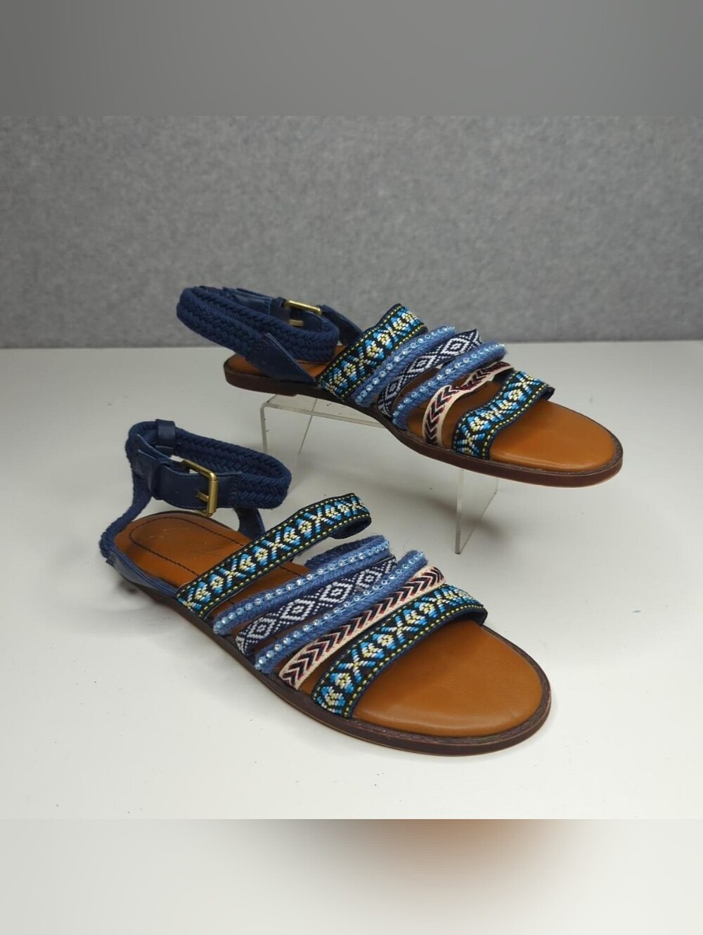 Blue Patterned Strappy Flat Sandals with Ankle Buckle
